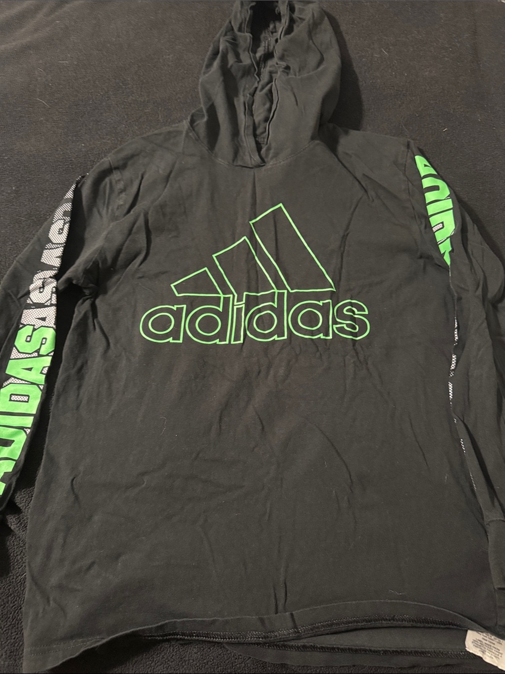 adidas Black Hoodie with Neon Green Logo and Sleeve Graphics
